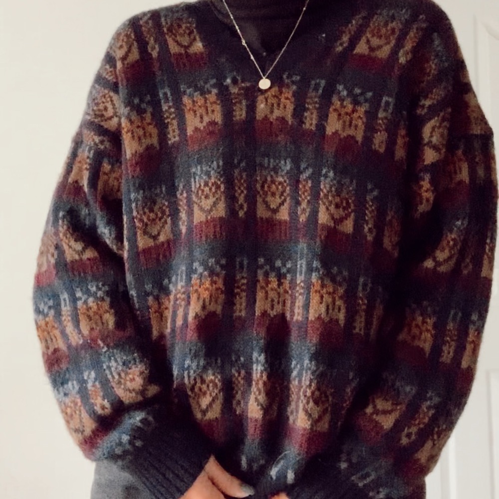 vintage oversized printer v neck sweater
